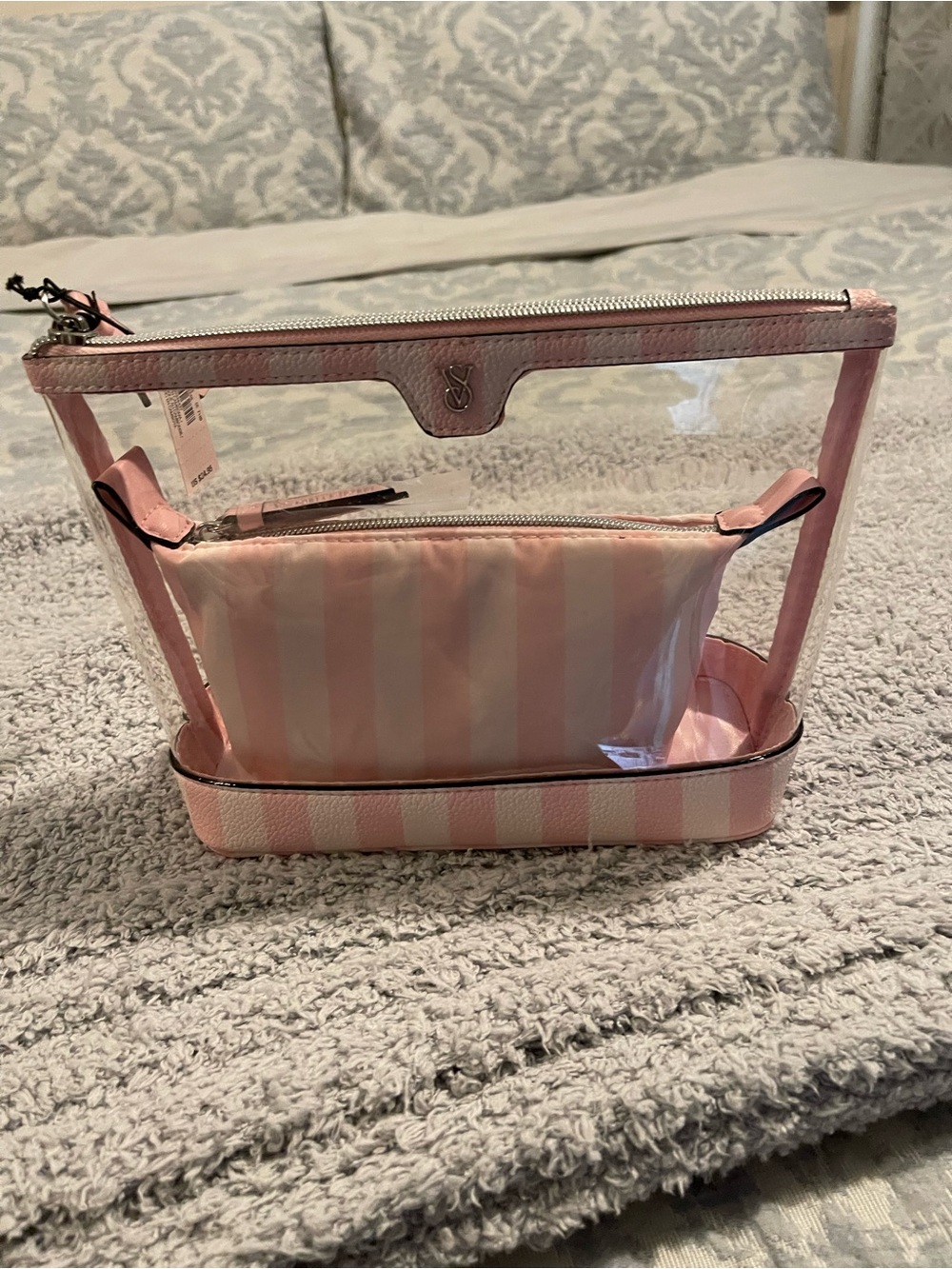 Victoria's Secret Pink Clear Cosmetic Case with Striped Inner Pouch